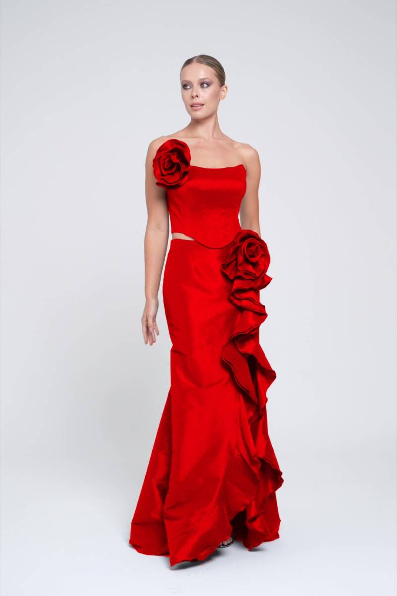 Red Heart Collar Rose Detail Skirt Filled Bustier-Etech 21 - 1