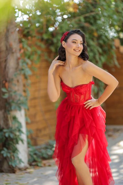 Red strapless bustier slits frilly tulle evening dress dress - 2
