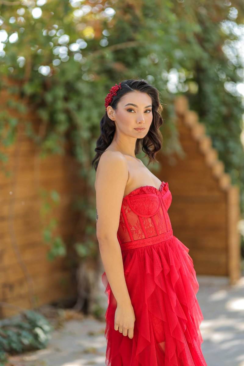 Red strapless bustier slits frilly tulle evening dress dress - 3