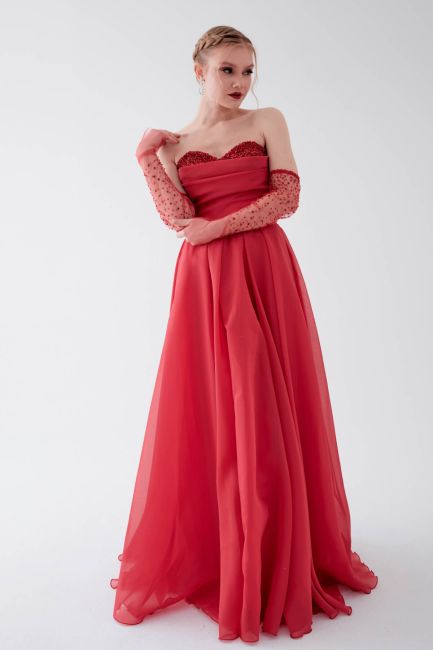 Red Strapless Extracts Sleeve Embroidered Princess Evening Dress 69 