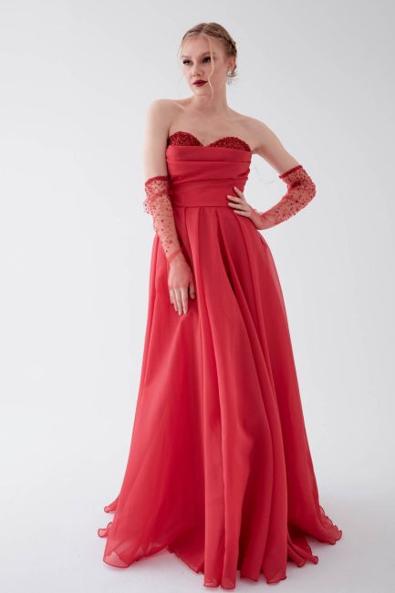 Red Strapless Snap-on Sleeve Embroidered Princess Evening Dress 69 - 2