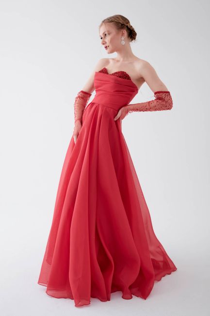 Red Strapless Extracts Sleeve Embroidered Princess Evening Dress 69 - 3