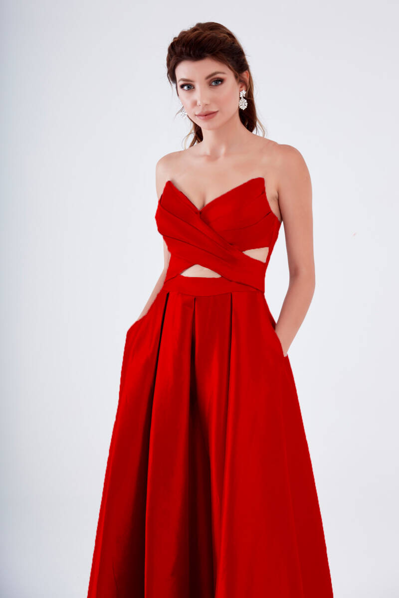 Red strapless pointed collar pocket tafta evening dress dress - 2