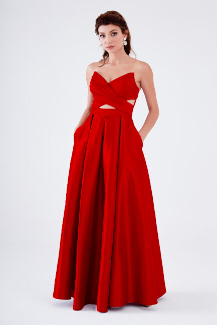 Red strapless pointed collar pocket tafta evening dress dress - 1