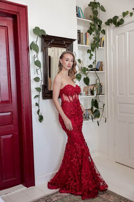 Red Strapless Waist Transparent Appliqued Evening Dress 41 