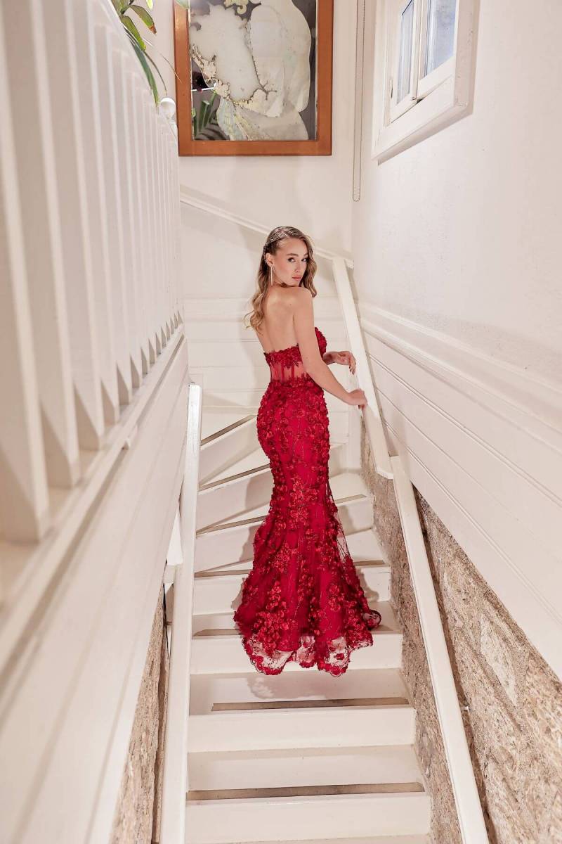 Red Strapless Waist Transparent Appliqued Evening Dress 41 - 2