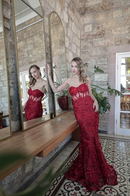 Red Strapless Waist Transparent Appliqued Evening Dress 41 - 4