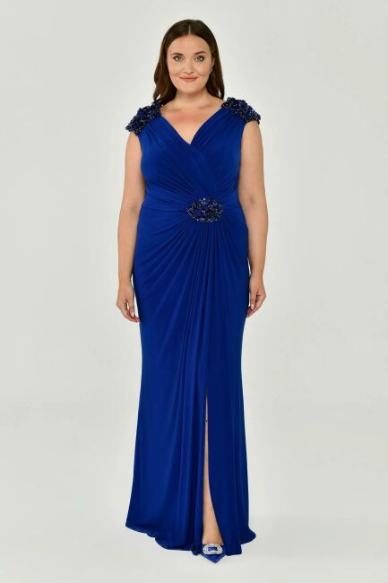 Saks V-Neck Draped Plus Size Evening Dress 