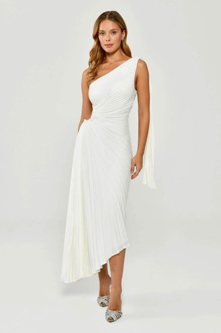 White One Shoulder Detailed Waist Decollete Pleated Satin Mini Evening Dress 33 - 1