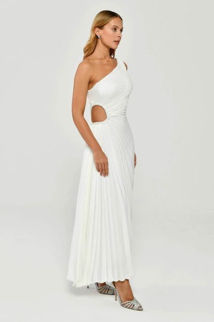 White One Shoulder Detailed Waist Decollete Pleated Satin Mini Evening Dress 33 - 2