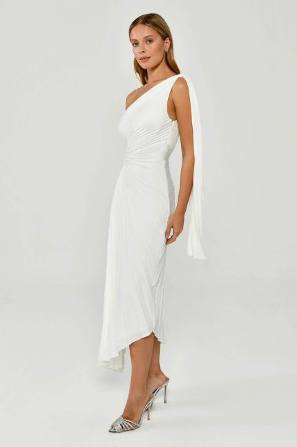 White One Shoulder Detailed Waist Decollete Pleated Satin Mini Evening Dress 33 - 3