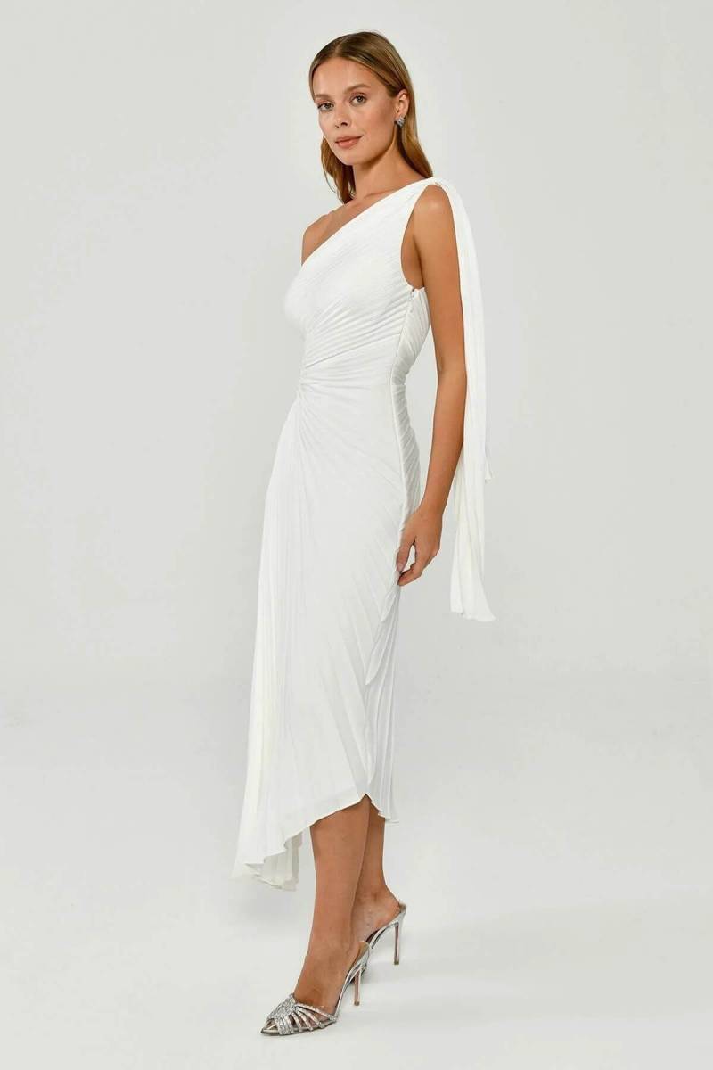 White One Shoulder Detailed Waist Decollete Pleated Satin Mini Evening Dress 33 - 3