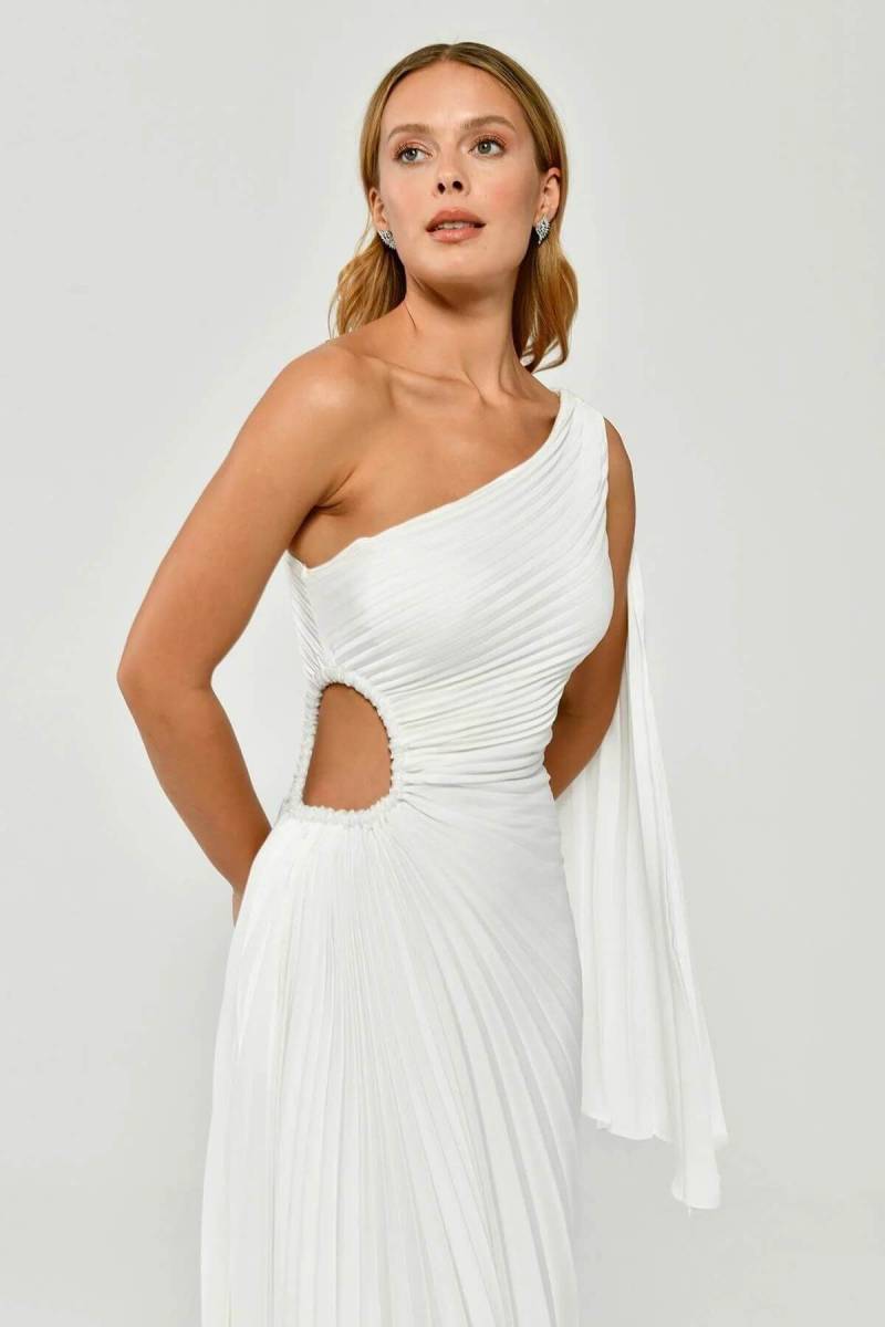 White One Shoulder Detailed Waist Decollete Pleated Satin Mini Evening Dress 33 - 4