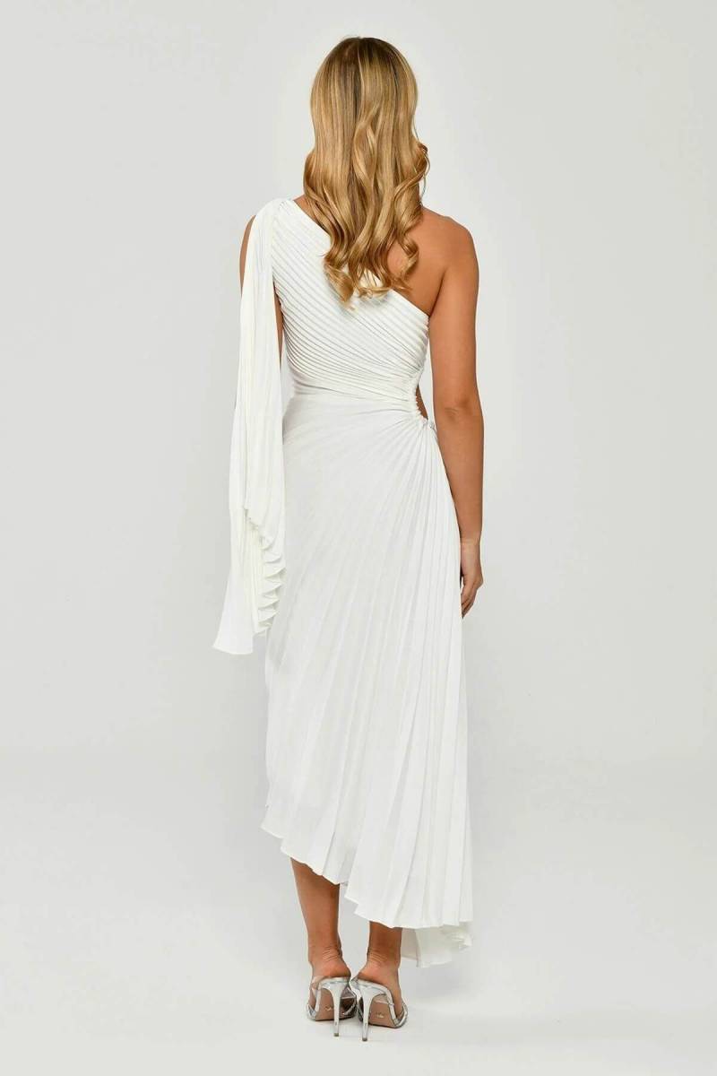 White One Shoulder Detailed Waist Decollete Pleated Satin Mini Evening Dress 33 - 5